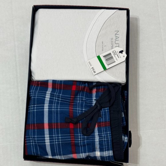 Nautica Sz L Men's PJ Set White Blue Multi Crew Neck Cozy Pants - Picture 2 of 12